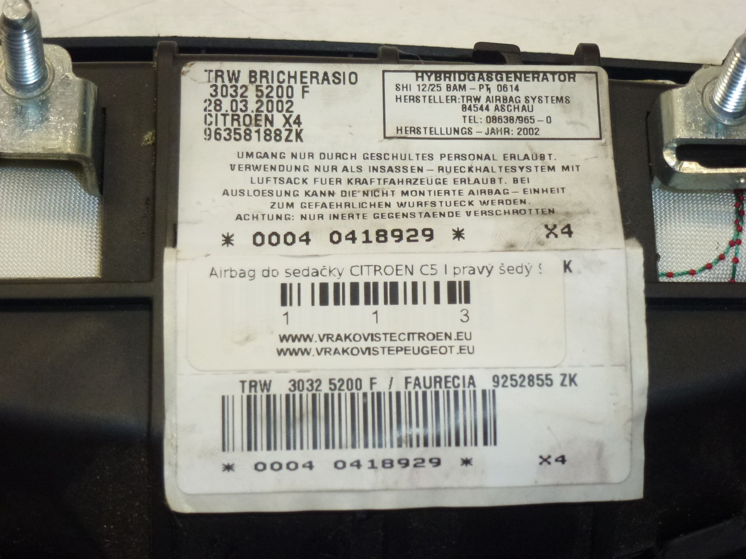 Airbag del asiento del pasajero Citroën C5 96358188ZK 96391352ZK 8216K3 - Imagen 2